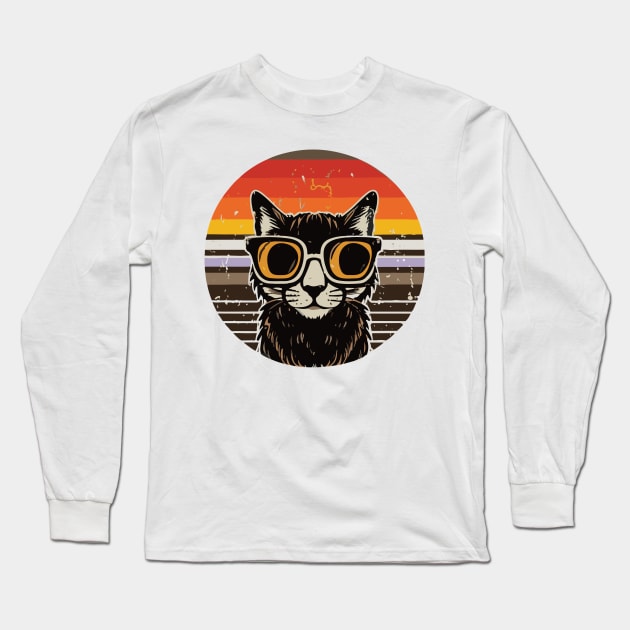 vintage brown a black cat in glasses, retro sunset Long Sleeve T-Shirt by Diwa